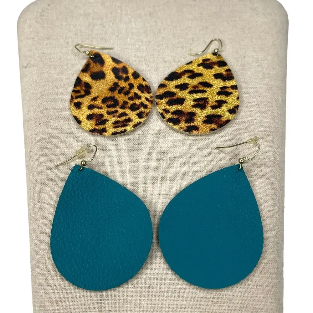 Faux Leather Teardrop Earrings Set of Two Metallic Leopard Print and Solid Teal